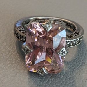 Vintage Sterling Silver 825 Pink Cut Gem And White Rhinestones Ring Size 6